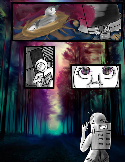 CRASH LANDING - Digitally drawn and painted. One page story comic with no text. School assignment.